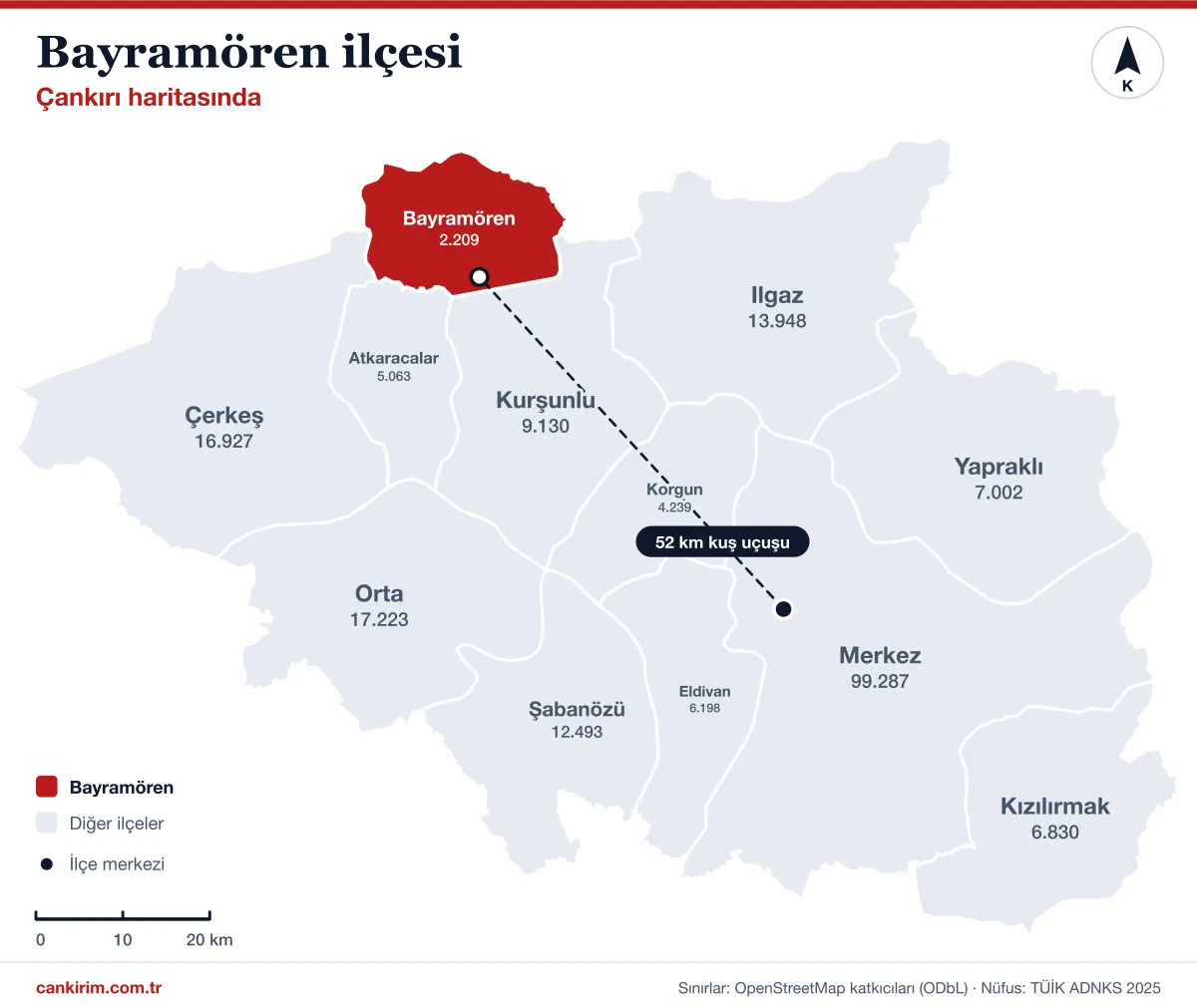 Çankırı ilçeler haritasında Bayramören: Kurşunlu, Atkaracalar ve Çerkeş ilçeleriyle komşu; il merkezine kuş uçuşu 52 kilometre