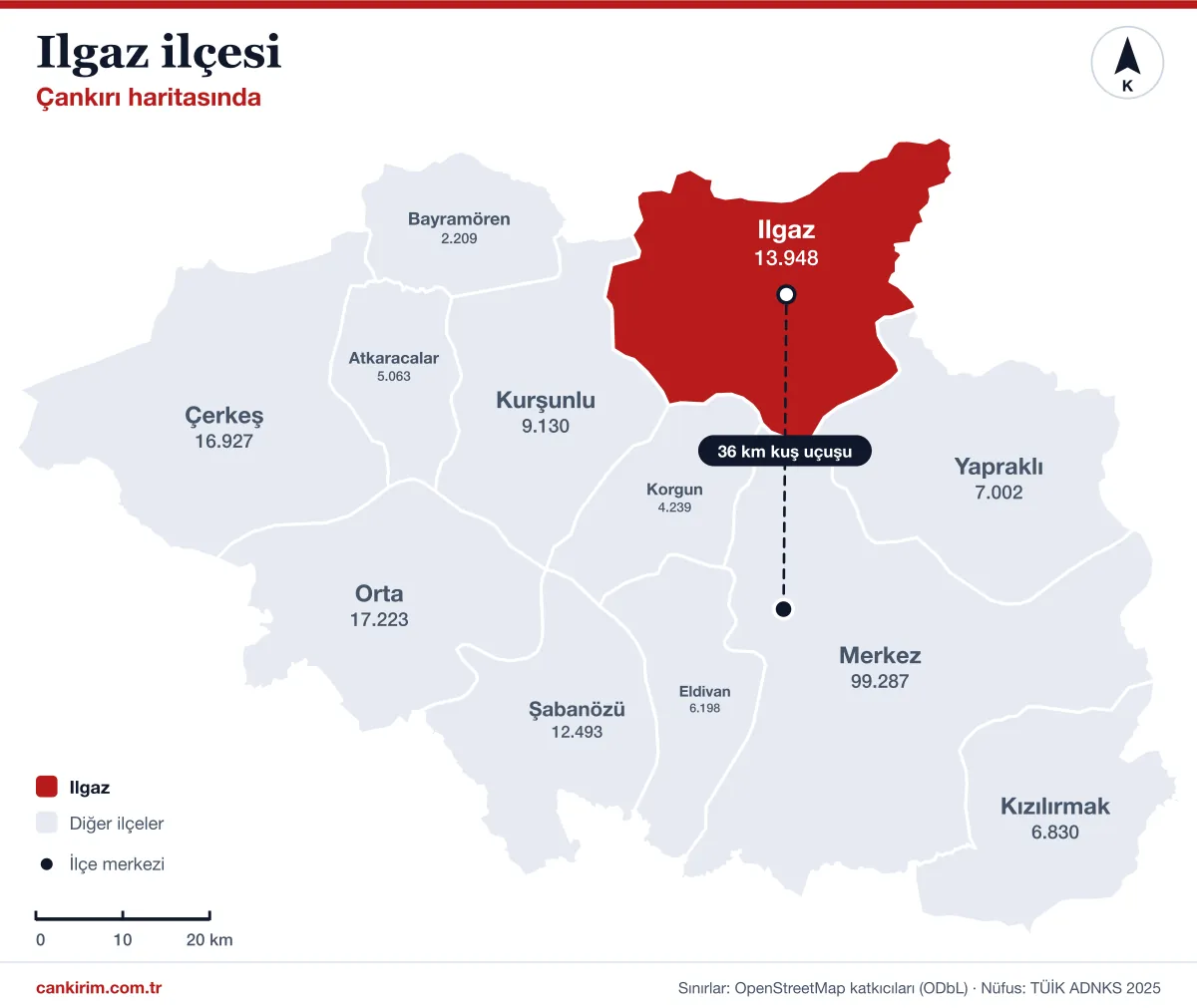 Çankırı ilçeler haritasında Ilgaz: ilin kuzeyinde, Kurşunlu, Korgun, Merkez ve Yapraklı ile komşu; il merkezine kuş uçuşu 36 kilometre