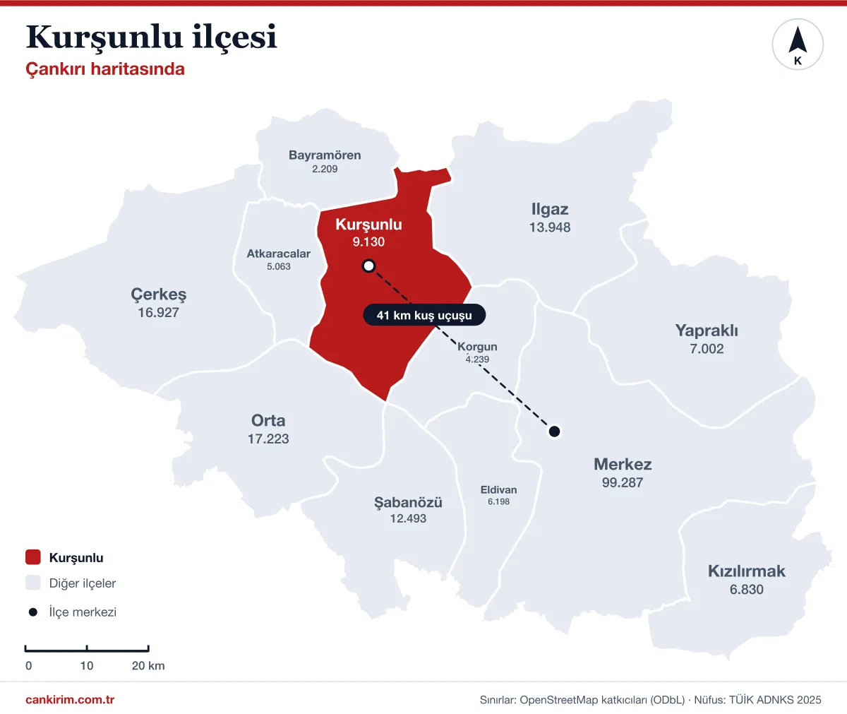 Çankırı ilçeler haritasında Kurşunlu: komşuları Ilgaz, Korgun, Atkaracalar, Bayramören ve Orta; il merkezine kuş uçuşu 41 kilometre