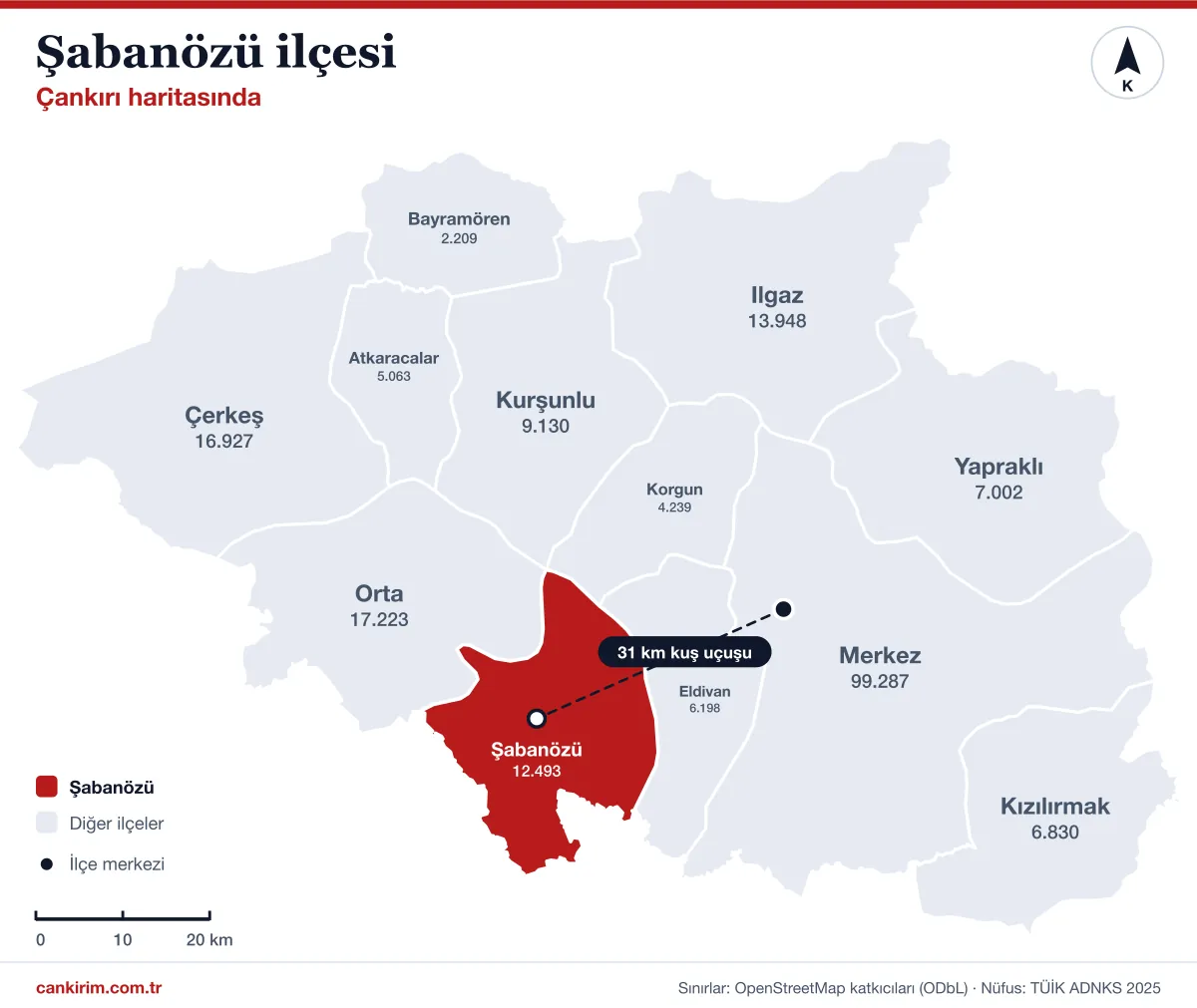 Çankırı ilçeler haritasında Şabanözü: komşuları Merkez, Eldivan, Orta, Kurşunlu ve Korgun; il merkezine kuş uçuşu 31 kilometre
